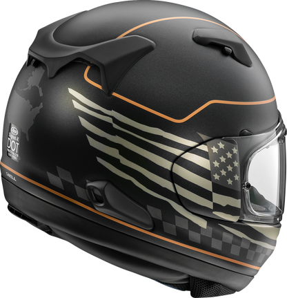 Arai Signet-X helmet with US flag design in black frost, large size, featuring aerodynamic shape and venting for motorcycle riding.