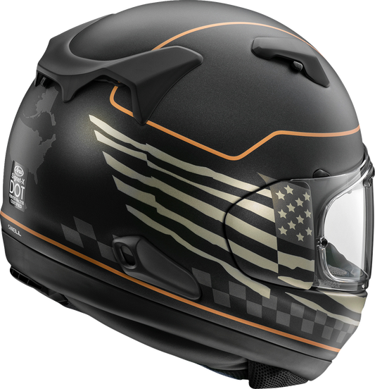 Arai Signet-X helmet with US flag design in black frost, large size, featuring aerodynamic shape and venting for motorcycle riding.
