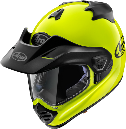 Arai XD-5 helmet in fluorescent yellow with black accents, designed for motocross and off-road riding, small size.