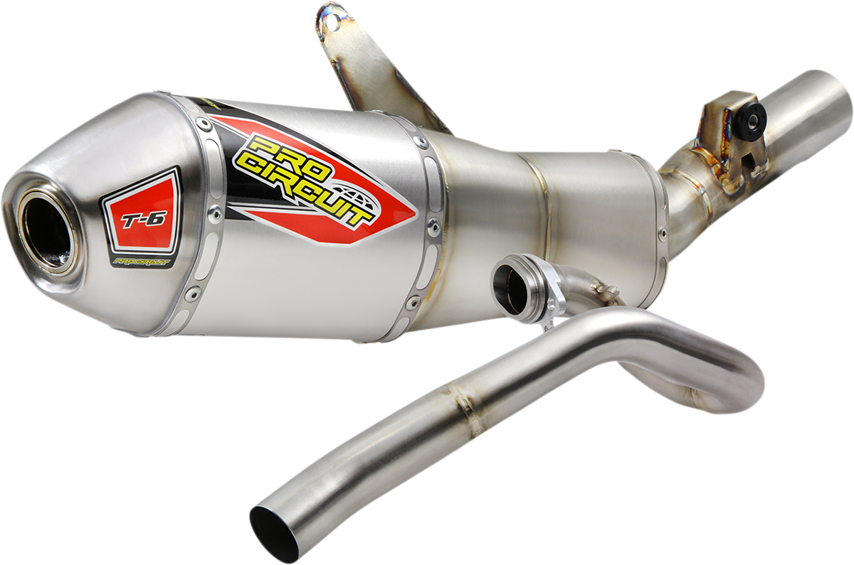 Pro Circuit T-6 exhaust system for Honda 450 motorcycle, made of stainless steel, with polished and curved exhaust pipe visible.