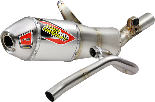Pro Circuit T-6 exhaust system for Honda 450 motorcycle, made of stainless steel, with polished and curved exhaust pipe visible.
