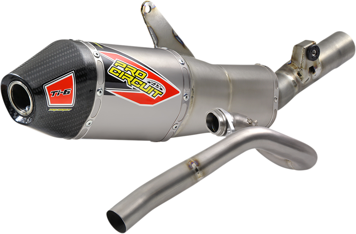 Pro Circuit Ti-6 titanium exhaust system for Honda 450 dirt bike, showing the sleek, polished titanium pipes and connections.