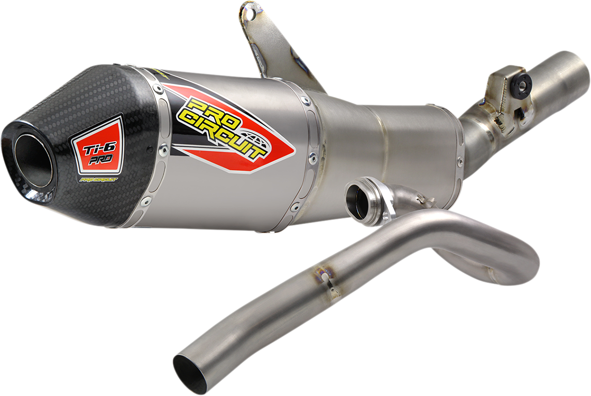 Pro Circuit Ti-6 Pro titanium exhaust system for Honda 450 off-road motorcycle, showing the sleek exhaust pipes and branding.
