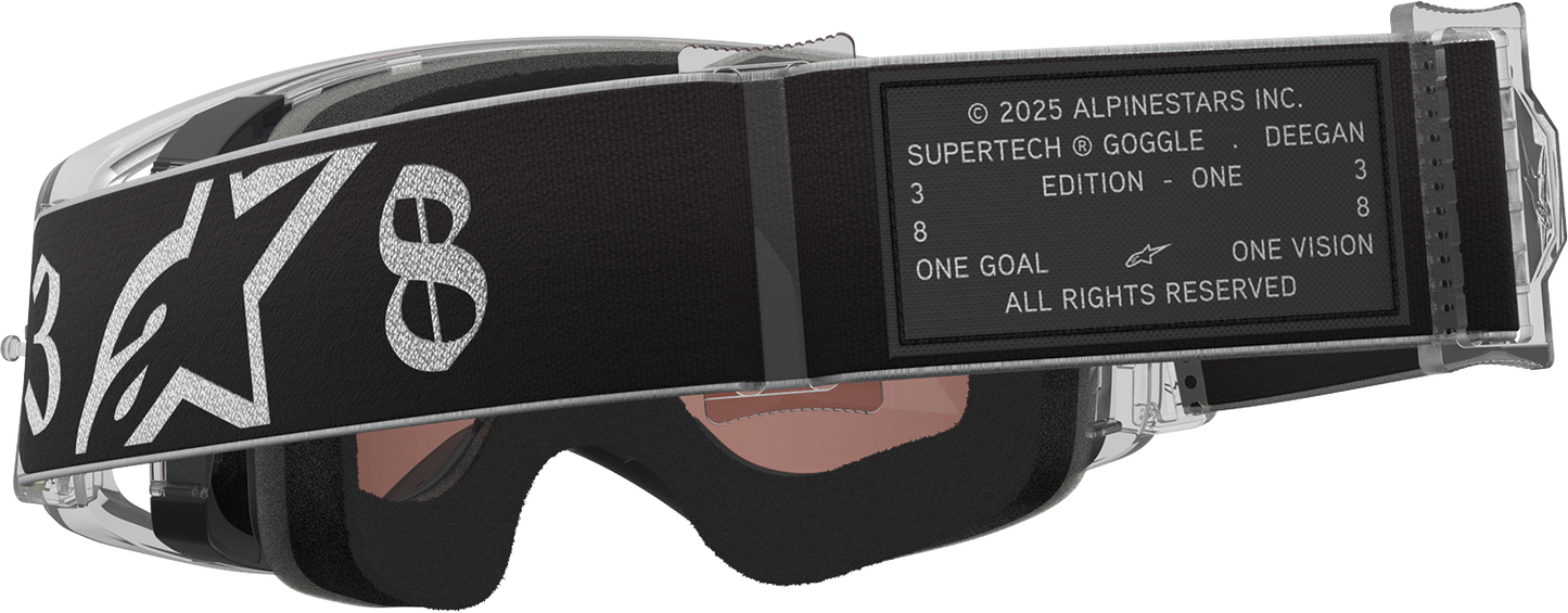 Alpinestars Supertech Goggle Deegan 38 XXV with silver mirror lens, racing motocross goggles, adjustable strap, and sleek design.