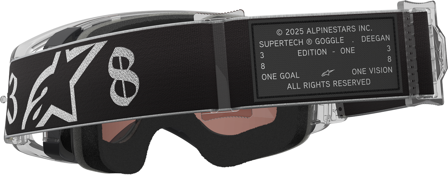 Alpinestars Supertech Goggle Deegan 38 XXV with silver mirror lens, racing motocross goggles, adjustable strap, and sleek design.