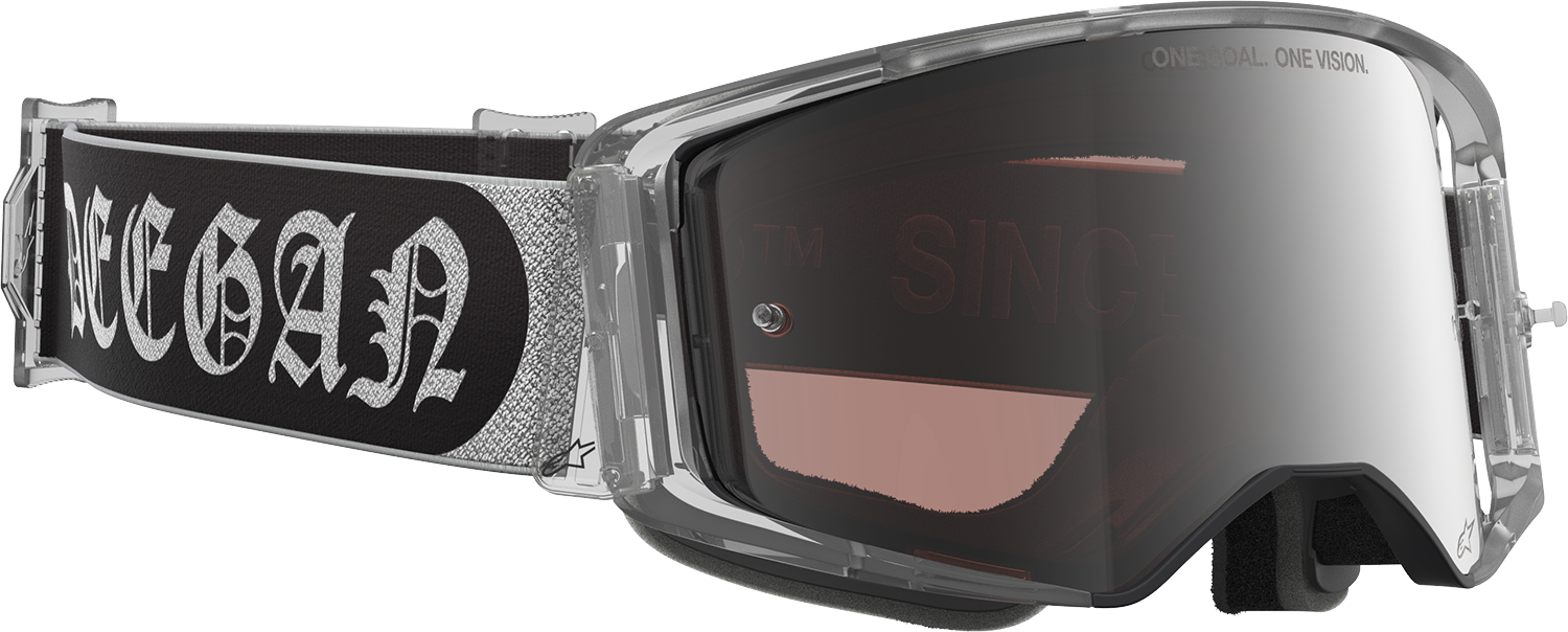 Alpinestars Supertech Goggels Deegan 38 XXV with silver mirror lens, racing goggles with aerodynamic frame and clear adjustable strap.