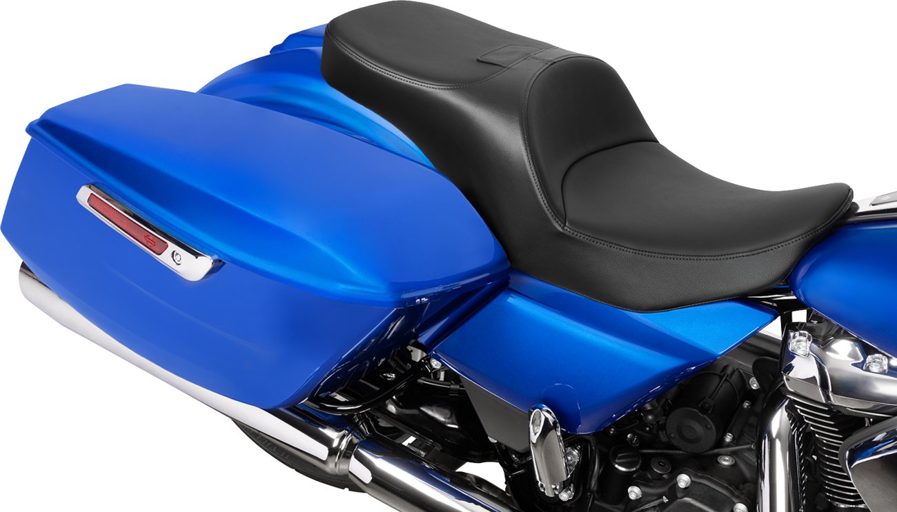 Drag Specialties forward position freedom seat for FLH/FLT motorcycles, vinyl and solar leather finish, designed for 2023-2025 models