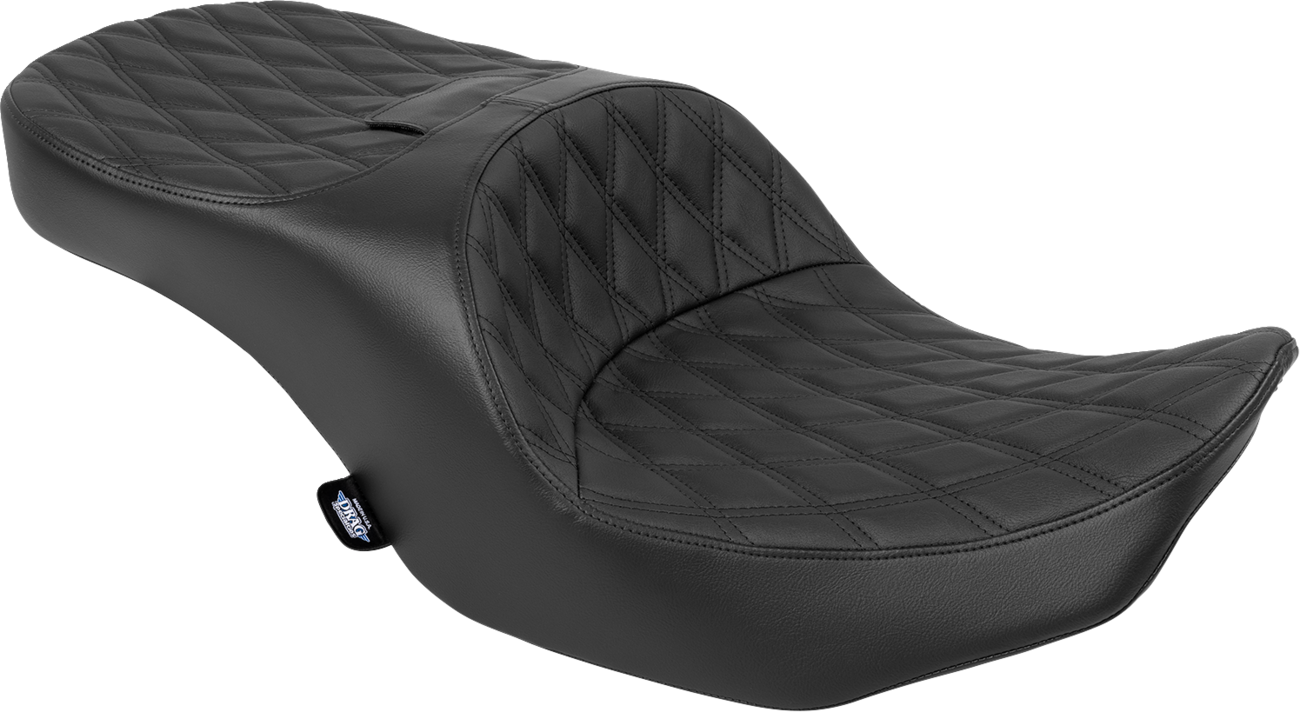 Black vinyl Drag Specialties forward position freedom seat with double diamond stitching for Harley FLH/FLT 2023-2025.