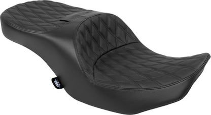 Black vinyl Drag Specialties forward position freedom seat with double diamond stitching for Harley FLH/FLT 2023-2025.