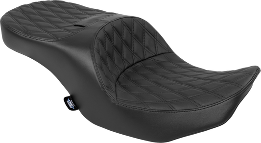 Black vinyl Drag Specialties forward position freedom seat with double diamond stitching for Harley FLH/FLT 2023-2025.