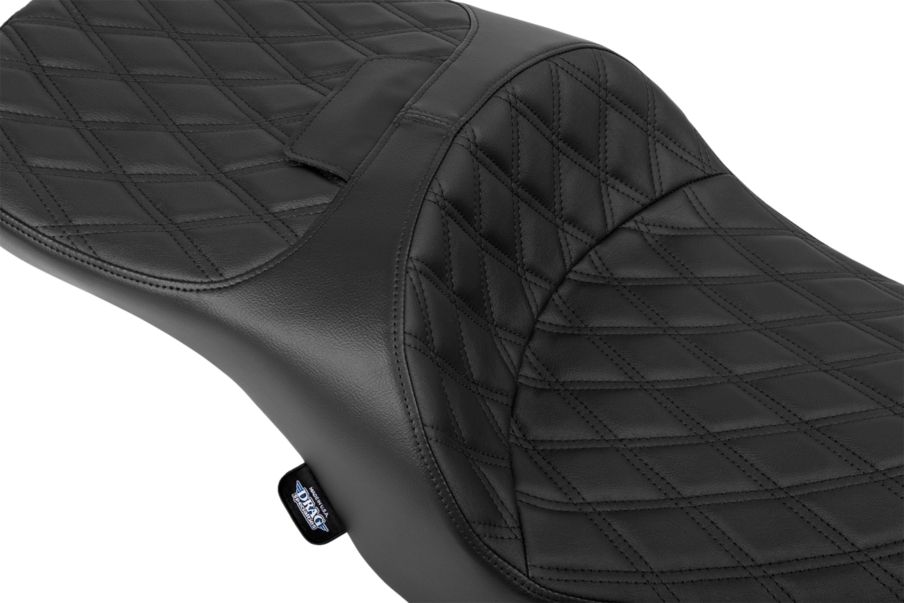Black vinyl Drag Specialties forward position freedom seat with double diamond stitching for Harley FLH/FLT 2023-2025.