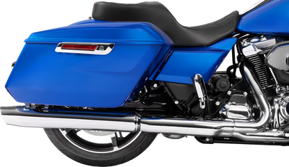 Black vinyl Drag Specialties forward position Freedom Seat with double diamond stitching for Harley FLH/FLT 2023-2025 motorcycles.
