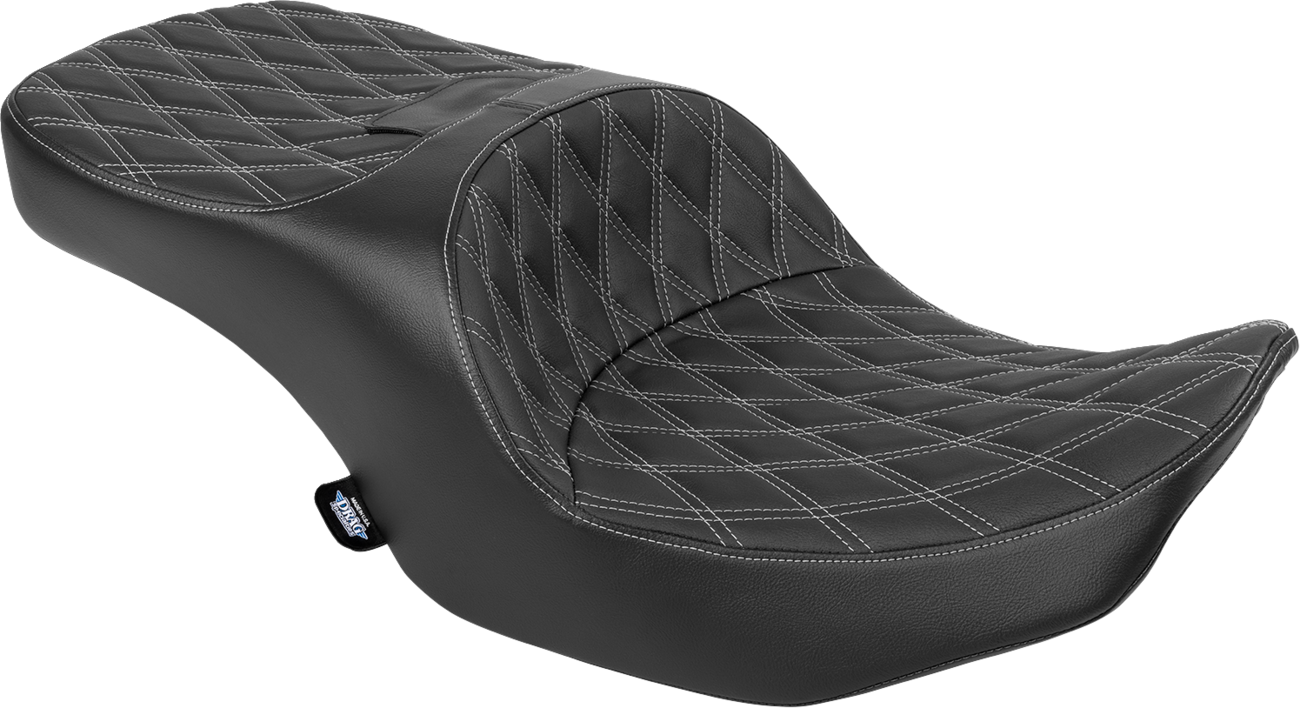 Drag Specialties forward position Freedom seat for FLH/FLT motorcycles, vinyl with silver double diamond stitching, part #4715C.