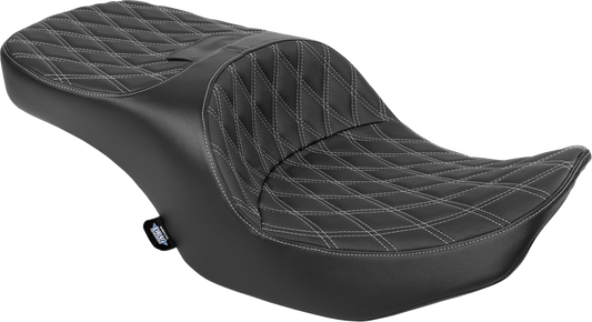 Drag Specialties forward position Freedom seat for FLH/FLT motorcycles, vinyl with silver double diamond stitching, part #4715C.