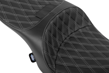 Drag Specialties forward position motorcycle seat for FLH/FLT 2023-2025, vinyl with silver double diamond stitch, part #4715C.