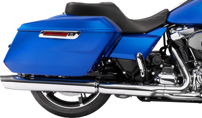 Drag Specialties forward position motorcycle seat for FLH/FLT 2023-2025, vinyl with silver double diamond stitching, part #4715C.