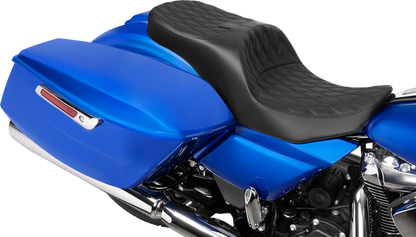 Black forward position DRAG SPECIALTIES SEATS Freedom Seat with vinyl and solar leather, double diamond stitching for FLH/FLT '23-'25.