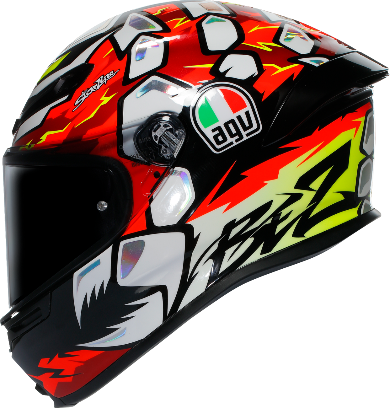 AGV K6 S Bezzecchi 2024 motorcycle helmet with carbon-aramid shell, ventilation, and safety features, shown from the side.