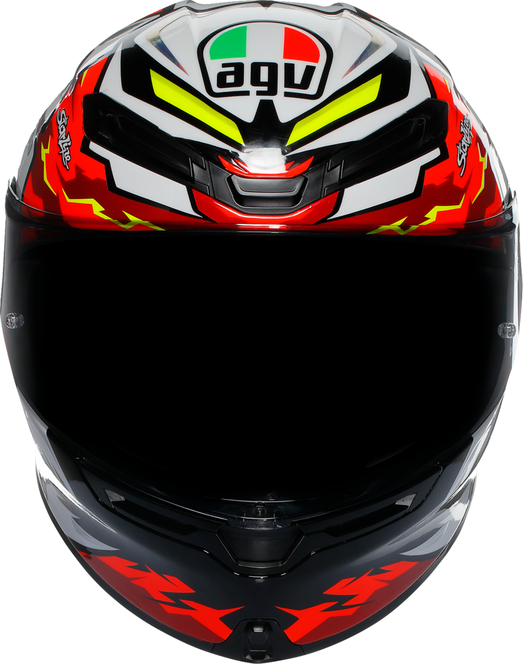 AGV K6 S Bezzecchi 2024 motorcycle helmet with large carbon-aramid shell and integrated ventilation system, shown from front angle.