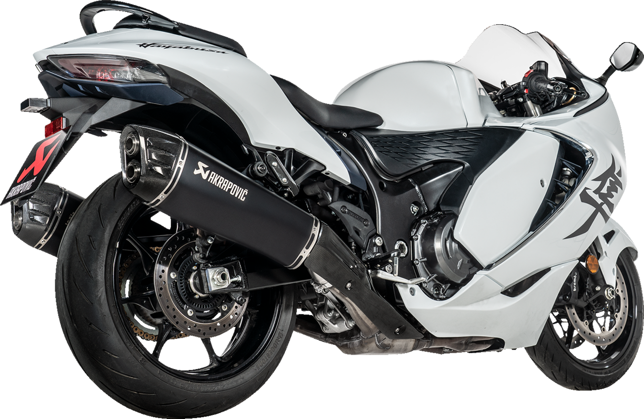 AKRAPOVIC Slip-On Line muffler in titanium black for Suzuki GSX-1300R Hayabusa motorcycle, featuring sleek, lightweight design.