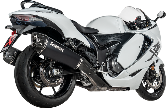 AKRAPOVIC Slip-On Line muffler in titanium black for Suzuki GSX-1300R Hayabusa motorcycle, featuring sleek, lightweight design.