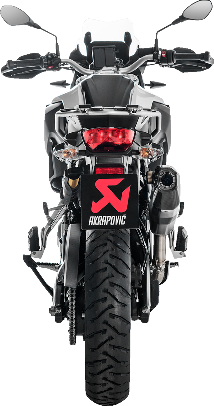 AKRAPOVIC Slip-On Line Titanium Black muffler for BMW F850GS motorcycle, visible with sleek black finish and branding details.