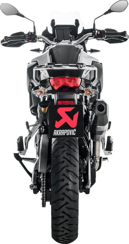 AKRAPOVIC Slip-On Line Titanium Black muffler for BMW F850GS motorcycle, visible with sleek black finish and branding details.