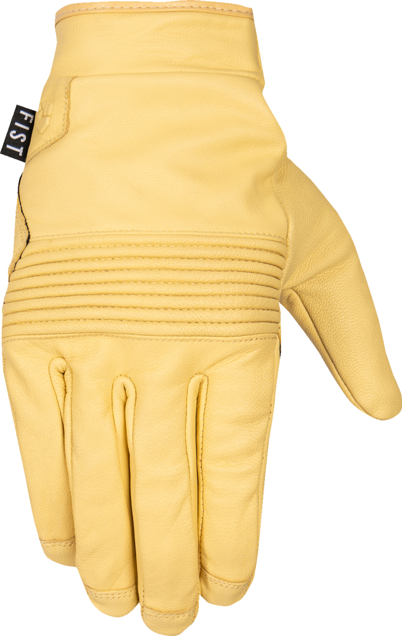 Yellow FIST HANDWEAR Road Warrior leather gloves in size XS, showing textured leather and detailed stitching.