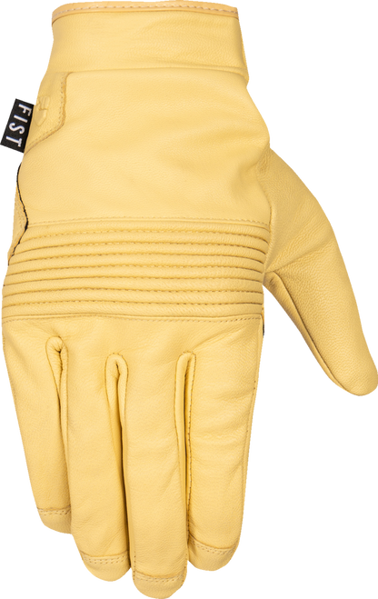 Yellow FIST HANDWEAR Road Warrior leather gloves in size XS, showing textured leather and detailed stitching.