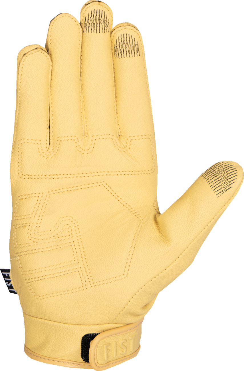 FIST HANDWEAR Road Warrior leather gloves in yellow, size XL, showing textured leather and detailed stitching.