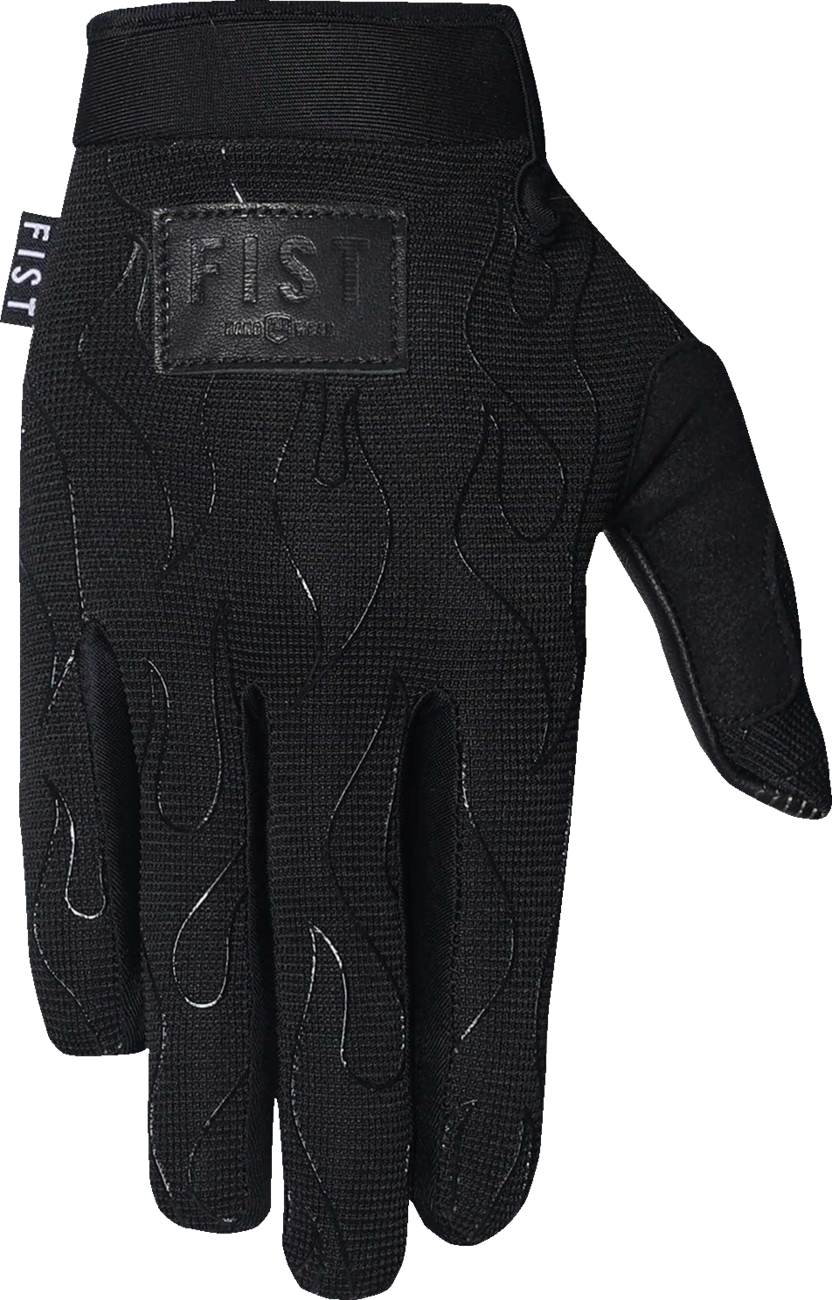 Black FIST HANDWEAR Moto Hybrid Flame Gloves in 2XS size, featuring a sleek design with flame detail and reinforced grip for motorcycle riding.