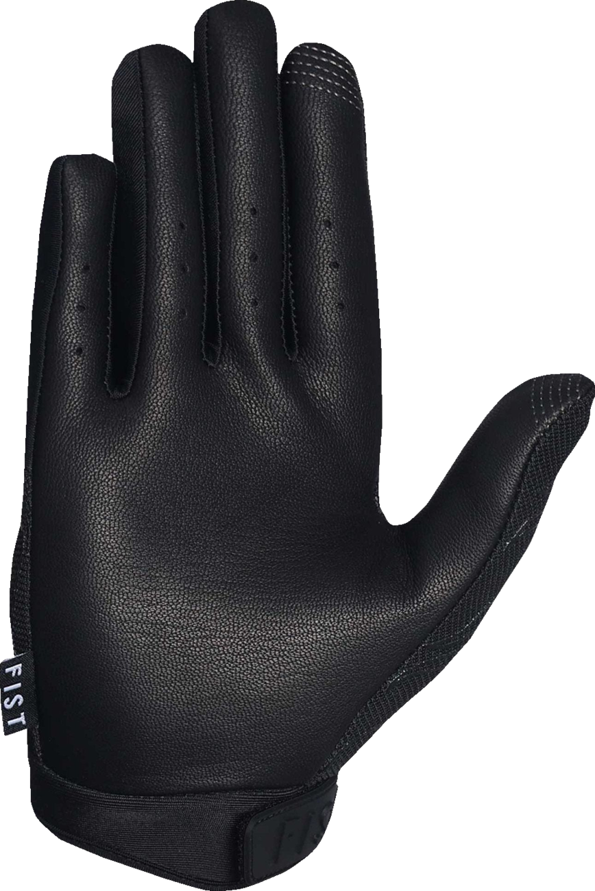 FIST Handwear Moto Hybrid Flame Gloves XS in black with flame design, showcasing protective motorcycle glove with adjustable wrist strap.