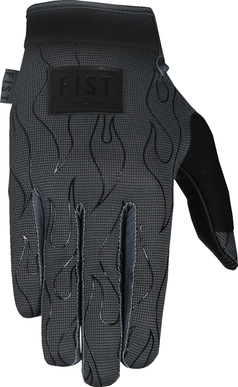 FIST HANDWEAR Moto Hybrid Phantom Flame gloves in medium with black and flame design, featuring padded knuckles and secure wrist strap.