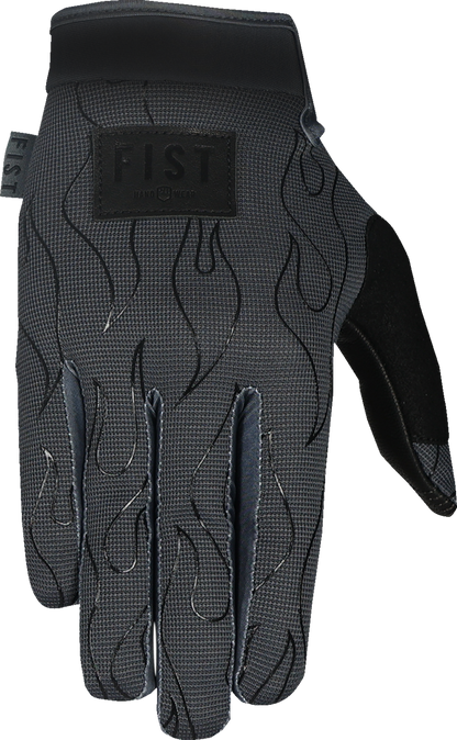 FIST HANDWEAR Moto Hybrid Phantom Flame gloves in medium with black and flame design, featuring padded knuckles and secure wrist strap.