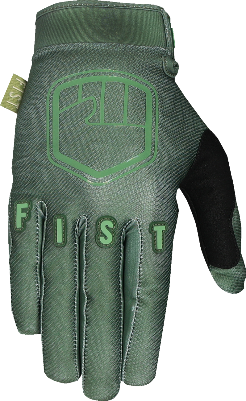 FIST HANDWEAR Strapped Earth Stocker gloves in olive green, medium size, with strap design and rugged construction.
