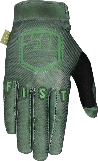 FIST HANDWEAR Strapped Earth Stocker gloves in olive green, medium size, with strap design and rugged construction.