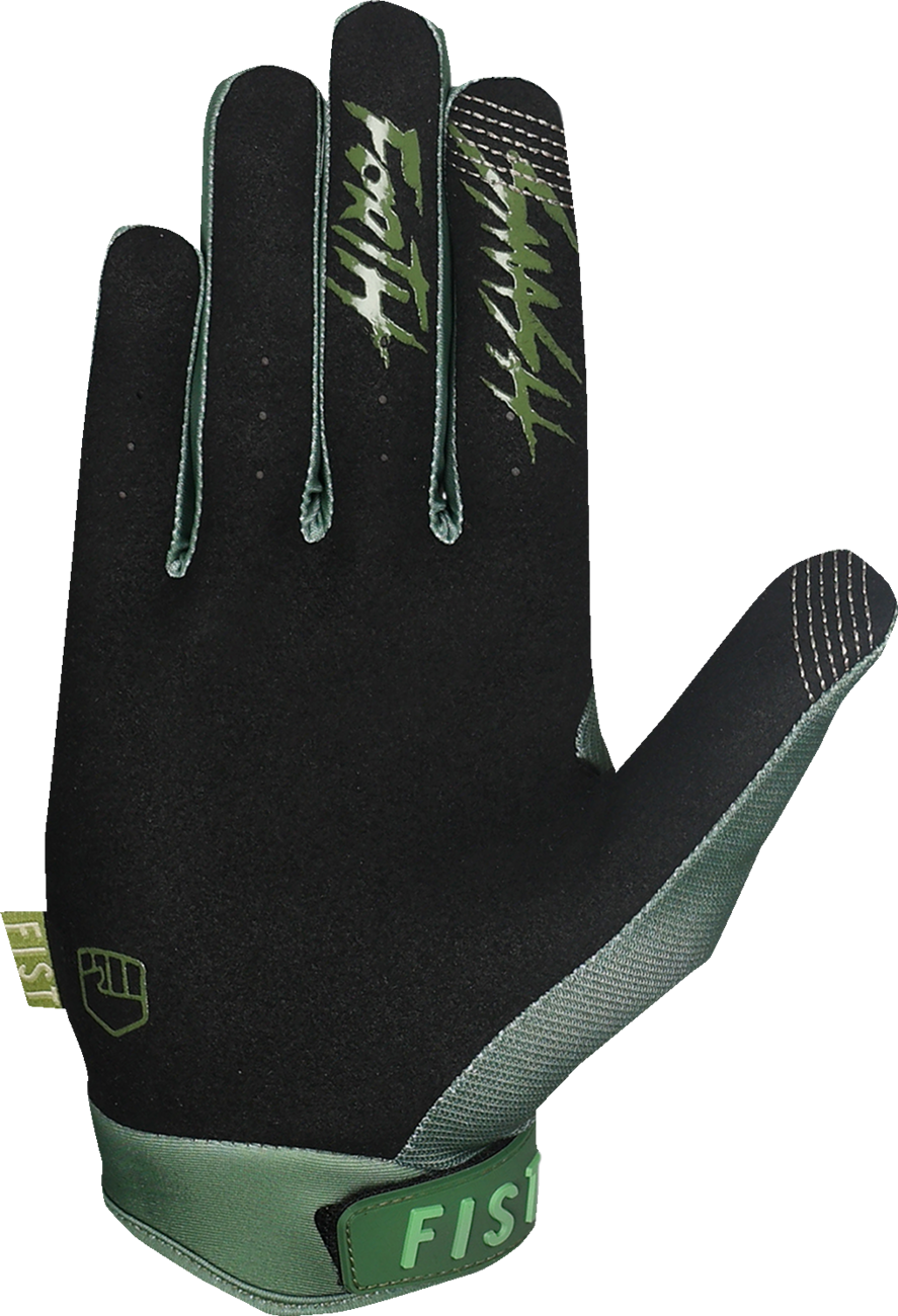 FIST HANDWEAR Strapped Earth Stocker Gloves in olive green with adjustable straps, medium size, designed for outdoor work and durability.