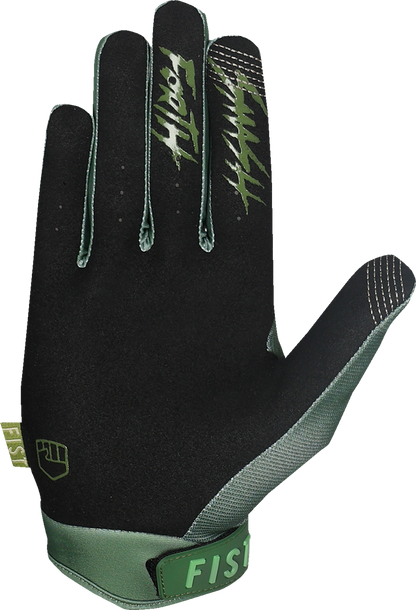 FIST HANDWEAR Strapped Earth Stocker Gloves in olive green with adjustable straps, medium size, designed for outdoor work and durability.