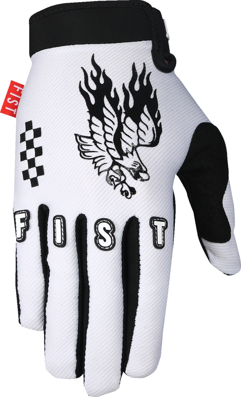 FIST HANDWEAR Strapped Baxter Maiwald Red Label Soaring Eagle gloves in red, 2XS size, featuring detailed eagle design and strap detail.