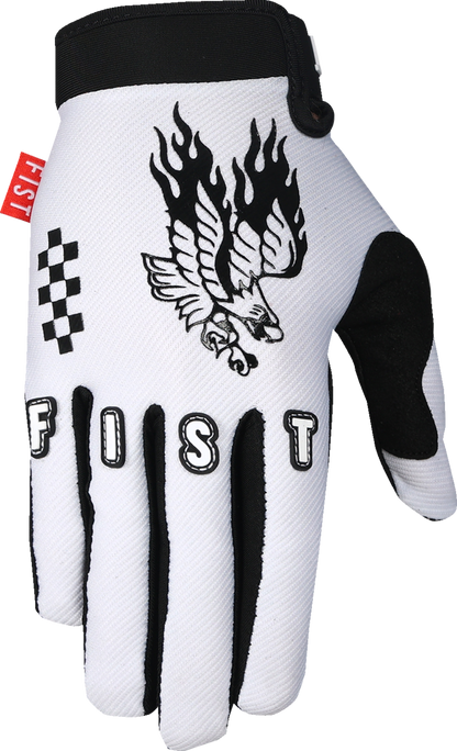 FIST HANDWEAR Strapped Baxter Maiwald Red Label Soaring Eagle gloves in red, 2XS size, featuring detailed eagle design and strap detail.