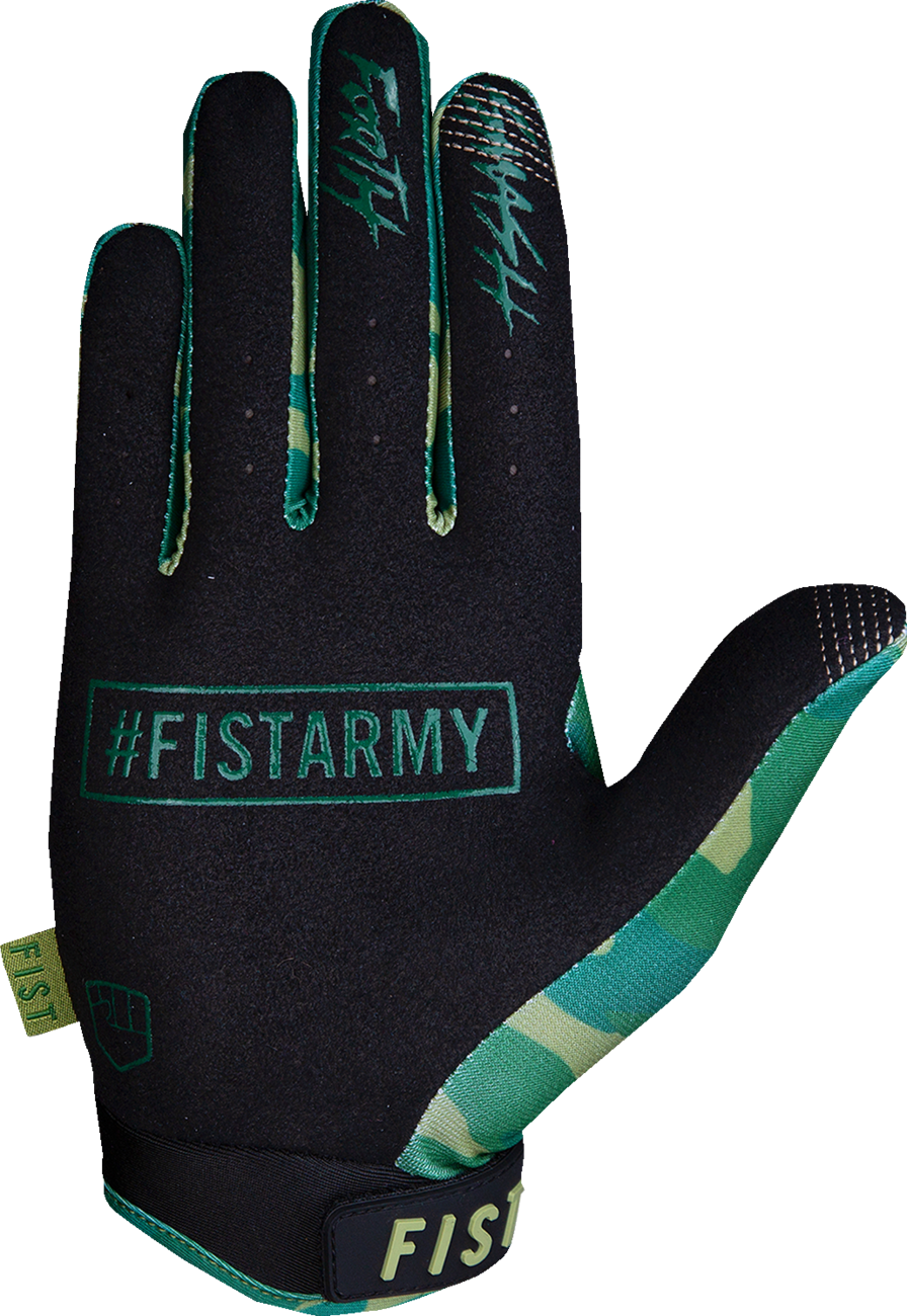 FIST HANDWEAR Lil Fists Strapped Stocker gloves in camouflage, small size, showing padded fingers and adjustable strap.