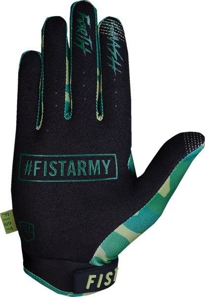 FIST HANDWEAR Lil Fists Strapped Stocker gloves in camouflage, small size, showing padded fingers and adjustable strap.
