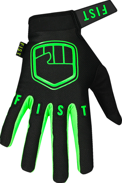 FIST HANDWEAR youth strapped stocker gloves in fluoro green with adjustable straps and padded palms, size XS.