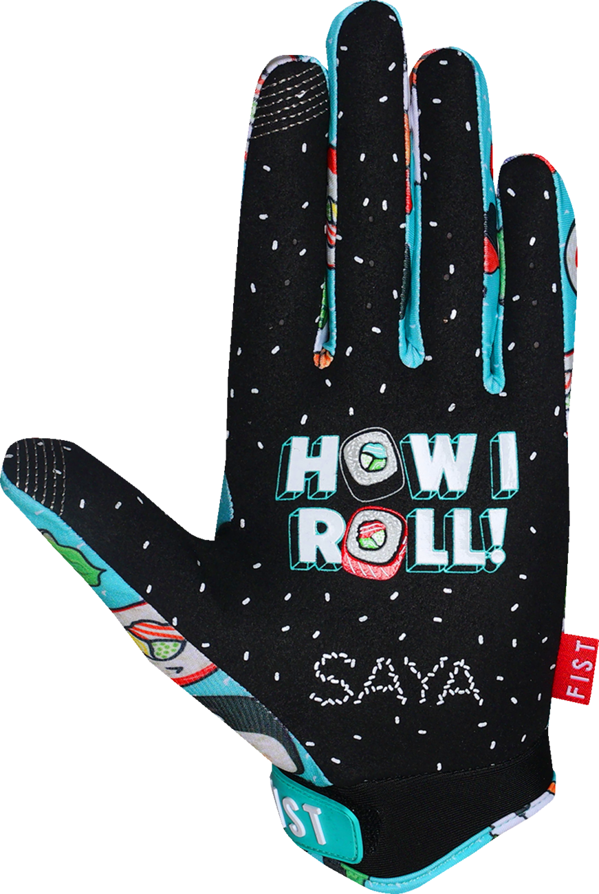 FIST HANDWEAR Strapped Saya Sakakibara Red Label Sushi Power Gloves in red, showing the wrist straps and glove design.