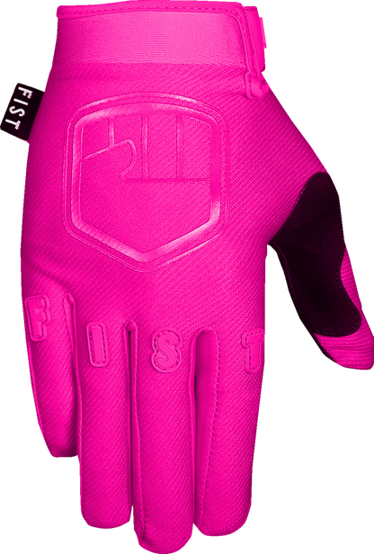 Pink youth strapped stocker gloves by FIST HANDWEAR, large size, showing textured grip and adjustable strap design.