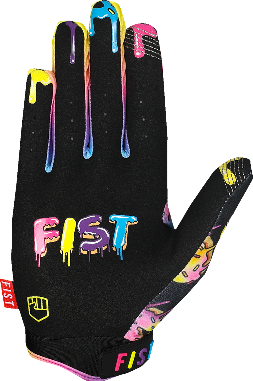 Youth FIST HANDWEAR Caroline Buchanan Red Label Sprinkle Fades gloves in size 2XS, showing vibrant red and fade design with strap details.