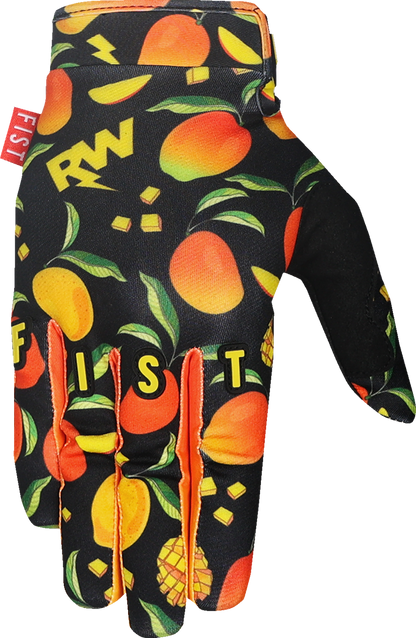 FIST HANDWEAR Youth Strapped R-Willy Mango Madness gloves in large size with red label and vibrant red color, showing the glove details.