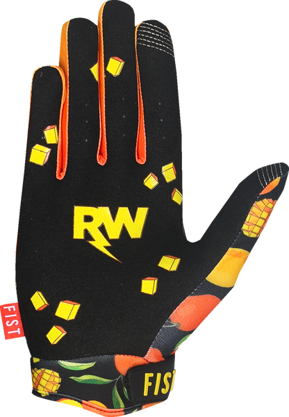 FIST Handwear Youth R-Willy Red Label Mango Madness gloves in small size, featuring red straps and vibrant design.