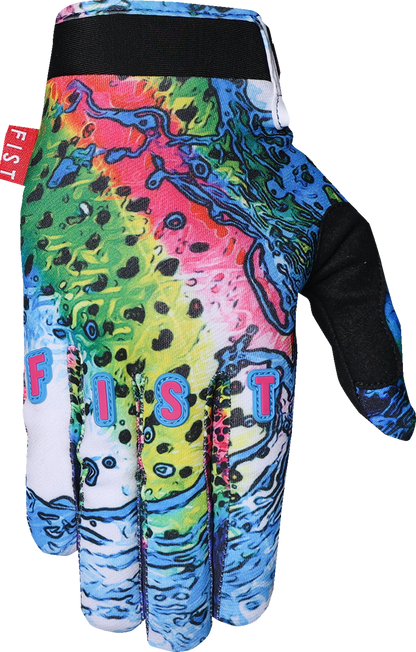 FIST HANDWEAR Lil Fists Strapped Dylan Long Red Label Keep It Reel gloves in small size, featuring red and black design with straps.