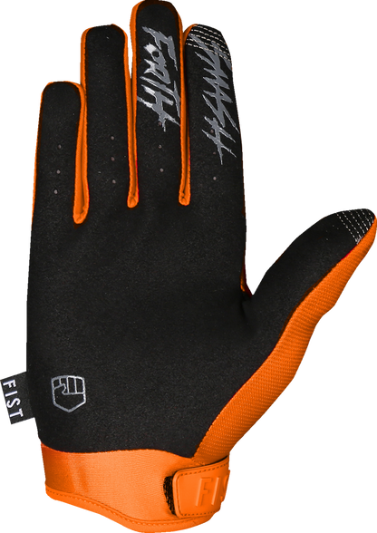 Orange FIST HANDWEAR Strapped Stocker Gloves, model FS00191XXS, showing padded palms and strap closure for secure fit.